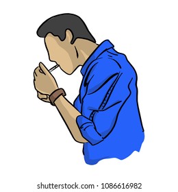 man lighting up cigarette vector illustration sketch doodle hand drawn with black lines isolated on white background
