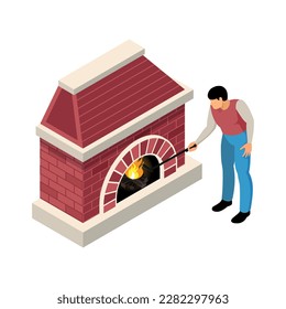 Man lighting fire in fireplace isometric vector illustration