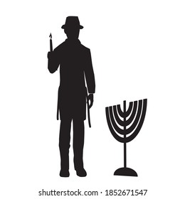 A man lights a Hanukkah candle.
Vector black silhouette.
A single character. A follower, religious, orthodox, Jewish, wearing a hat, and a long suit. Next to him is a menorah. On a white background. 