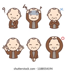 Man like a grandfather with 6 emotion confuse, careworn, No, OK, welcome and Yes. This can use for website, blog, book.