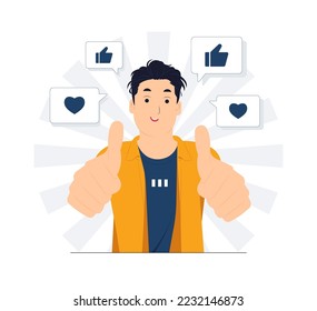 Man with Like hand sign, feedback, public approval, joy, success, happiness, and thumbs up concept illustration