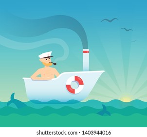 A man like the Sea captain sailing in a boat bathtub on the sea. A humorous fun illustration of the concept poster on the theme of leisure rest and vacation holiday