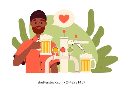 Man likes beer concept. Young guy with alcoholic drinks and brewery. Bar and pub. Avertising and marketing. Character with oktoberfest. Cartoon flat vector illustration isolated on white background