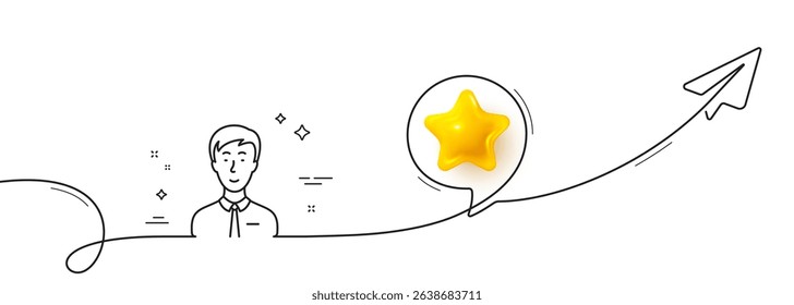 Man line icon. Continuous line with share plane. User or businessman person sign. Male silhouette symbol. 3d star in speech bubble. Businessman person single line ribbon. Loop curve pattern. Vector