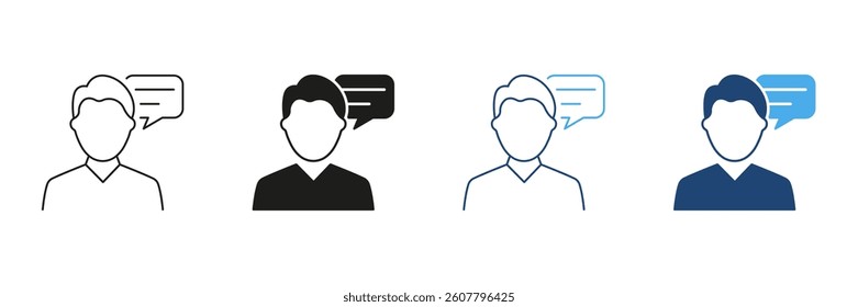 Man Line and Silhouette Icon Set with Speech Bubble. Communication, Dialogue, Consultation or Discussion. Editable Stroke. Isolated Vector Illustration.