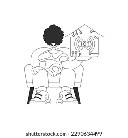 A man with a linear vector illustration of an Internet of Things logo