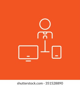 Man linked with computer and phone line icon for web, mobile and infographics. Vector white icon isolated on red background.