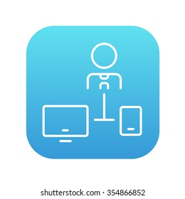 Man linked with computer and phone line icon for web, mobile and infographics. Vector white icon on the blue gradient square with rounded corners isolated on white background.