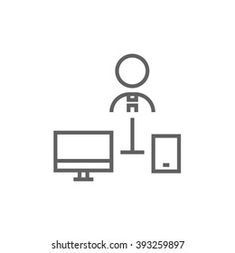 Man linked with computer and phone line icon.