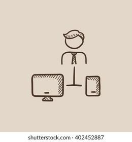 Man linked with computer and phone sketch icon.