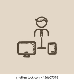 Man linked with computer and phone vector sketch icon isolated on background. Hand drawn Man with computer and phone icon. Man with computer and phone sketch icon for infographic, website or app.