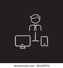 Man linked with computer and phone vector sketch icon isolated on background. Hand drawn Man with computer and phone icon. Man with computer and phone sketch icon for infographic, website or app.