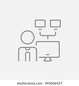 Hombre con un icono de línea de monitores vinculados para web, móvil e infografía. Icono vector de gris oscuro aislado en fondo gris claro.