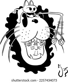Mann mit Löwenkopf, der von einer Katze auf seinem Kopf hypnotisiert wird, Vektorgrafik