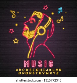 Man Listen Music with Headphone Yellow and Red Color Neon Light Glowing Vector Illustration with Yellow Alphabet Bright