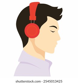 Man listen to music on headphones. Music therapy. Musician avatar side view. Flat vector illustration.