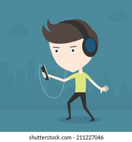 Man listen to music with a smartphone. Cartoon concept
