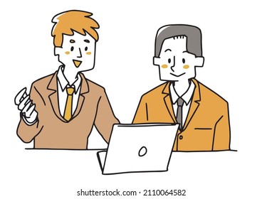 A man (listener, a young man) who explains while looking at a computer together. A warm handwritten person.