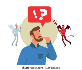 Hombre escuchando al ángel y al diablo que le están hablando
