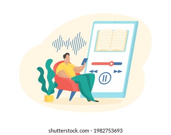 Man listening audio book in application. Mobile online leisure learning. Fascinating digital library and mobile educational literature. Tapping podcasts and lectures. Vector flat concept