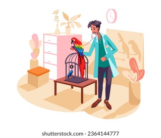 Man listening heartbeat of parrot. Veterinarian helps sick animals in vet clinic. Caring for health of pets concept. Flat vector illustration in cartoon style