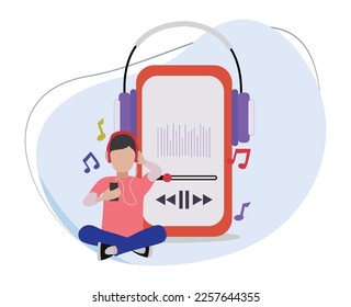 a man listening to his favorite music illustration. illustration of a man listening to music with earphones and a big phone cell