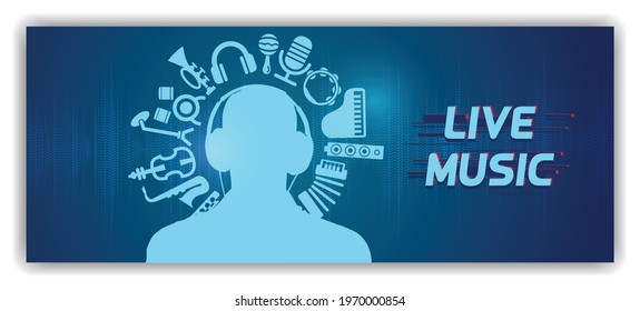 Man listening live music with headphone | Favorite FM radio station.eps