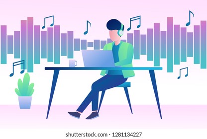 a man listening a music. computer audio player application. surround sound system vector design illustration