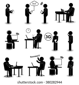 Man Listening to Music / Connecting to Cloud / Working on Laptop and Computer / Internet Connecting / Having Cup of Coffee / Having Success - Technology Stick Figure Vector Set