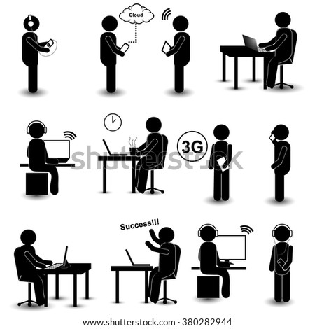 Man Listening to Music / Connecting to Cloud / Working on Laptop and Computer / Internet Connecting / Having Cup of Coffee / Having Success - Technology Stick Figure Vector Set