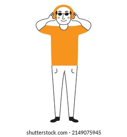 Man is listening to music. Guy with headphones.Listen to music on headphones.Isolated on white background. Doodle sketch style vector illustration.
