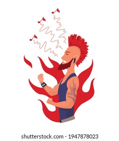 Man listening to music. Hand dancing of cartoon young character with earphone. Joyful people wearing headphone. Using audio player to enjoy sound