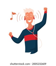 Man listening to music. Hand dancing of cartoon young character with earphone. Joyful people wearing headphone. Using audio player to enjoy sound