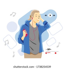 man listening to music. listening music from head phone. happy and enjoying. vector and illustration.