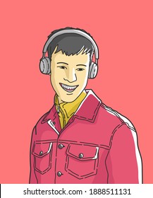 man is listening to music with headphones. hand drawn style vector design illustrations.