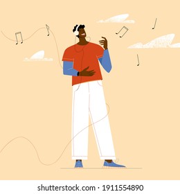 Man listening to music in headphones and singing. Vector illustration with music notes on background