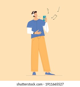 Man listening music in headphones, singing and holding smartphone. Vector illustration with music notes on background