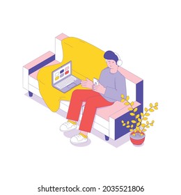 Man Listening To Music In Headphones Sitting On Sofa Isometric Icon 3d Vector Illustration