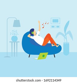 a man is listening music at home, relaxing concept illustration. Young man at home. People at home in quarantine. Vector flat style illustration