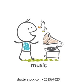 Man Listening To Music From An Old Player Illustration