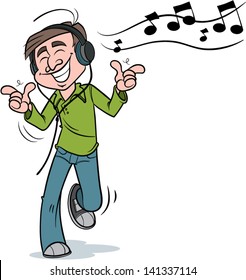 Man listening to music on headphones and dancing