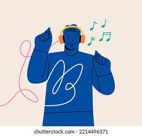 Man listening to music on headphones music. Colorful vector illustration