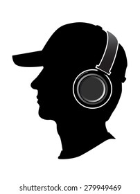 Man listening to music on headphones. Silhouette on a white background.