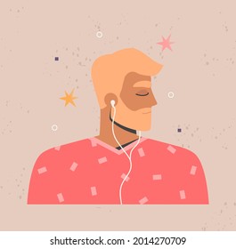 Man listening to music, podcast, audio book, radio in earphones. Young male person in headphones. Man face, portrait side view. Audiobook, podcasting concept. Trendy isolated flat vector illustration