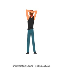 Man Listening to Music Throwing Hands Behind the Head at Open Air Concert, Rock Fest, Outdoor Summer Music Festival, View From the Back Vector Illustration