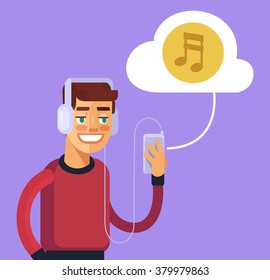 Man listening to music. Vector flat illustration
