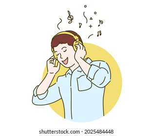 A man listening the music via Head cover headphones, Entertainment and lifestyle concept. Hand drawn in thin line style, vector illustrations.