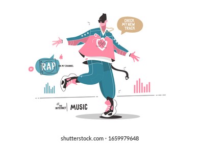 Man listening music via internet app vector illustration. Guy blogger dancing and enjoying new songs. Speech bubbles rap on my channel, check my new track flat style design. Modern technology