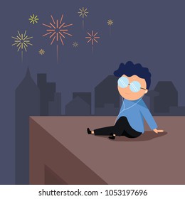 A man listening to music and watch the fireworks, Happy to watch the fireworks concept.