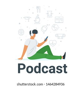Man listening to podcast flat vector illustration. Boy in headset watching video cartoon character. Student learning through webinars. Teenager listening to music, using smartphone player app